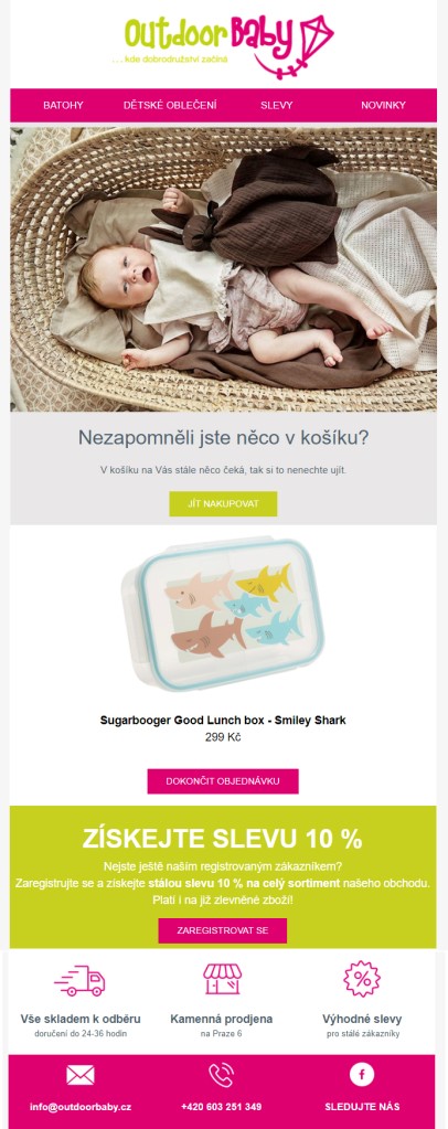 E-mail pro opuštěný košík by měl obsahovat konkrétní zboží, které zákazník nenakoupil, aby mu ho připomněl.