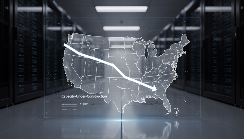 Nová kapacita datových center ve výstavbě na hlavních amerických trzích meziročně klesá